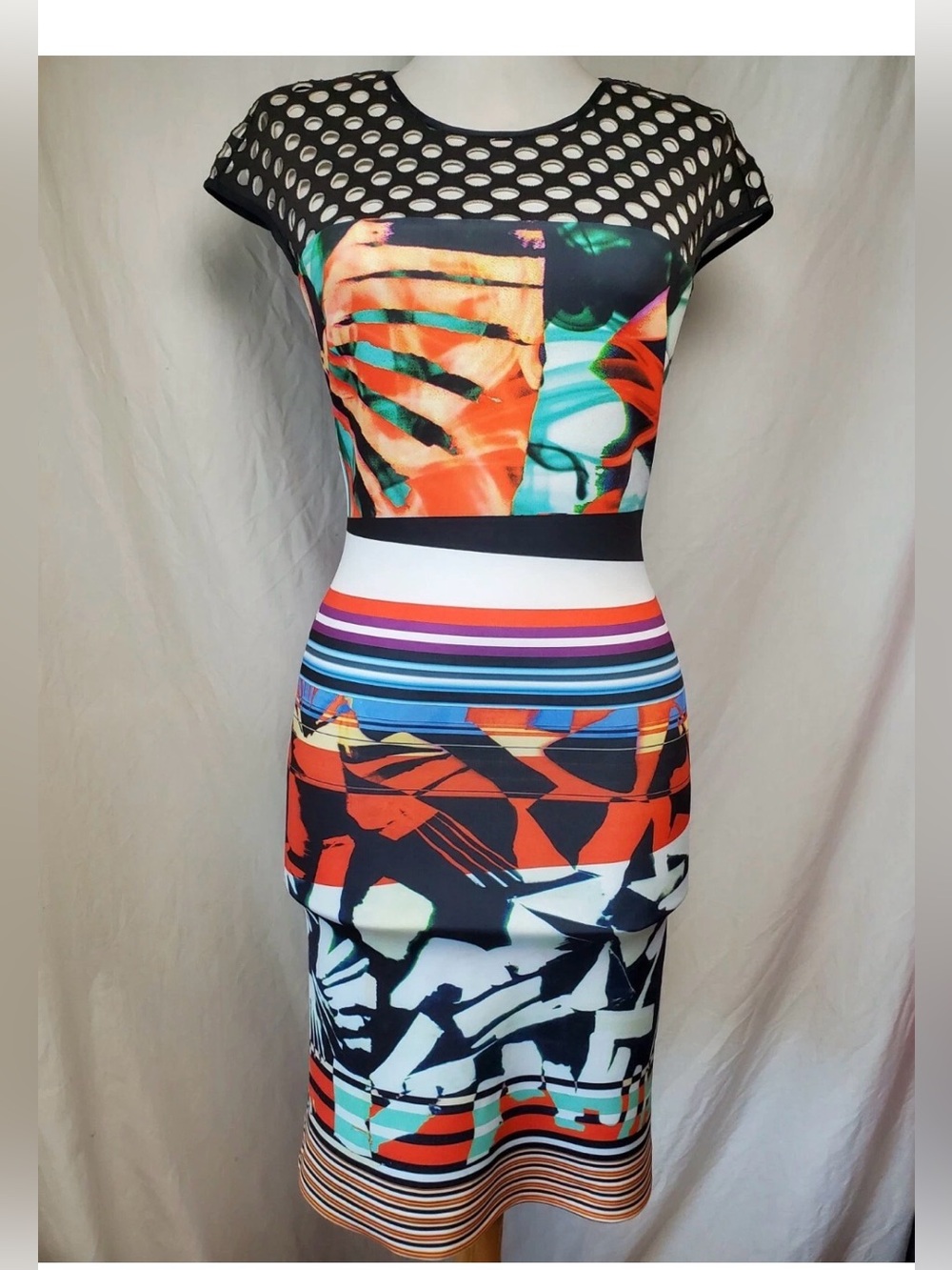 Clover Canyon Bod-Con Fitted Scuba Sheath Dress Sz XS Colorful Cap Sleeve Black